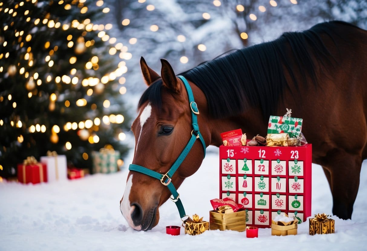 A horse ivrigt gnubber en festlig julekalender fyldt med godbidder omgivet af blinkende lys og snedækket landskab